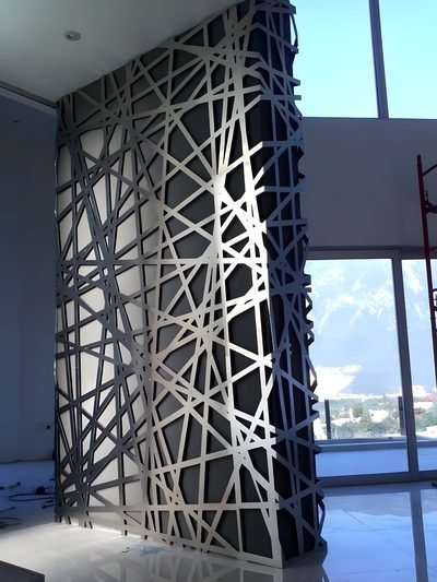 Office partition with an abstract laser-cut pattern, black