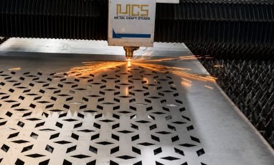 Illustration: laser cutting a custom perforation pattern — Custom Perforation Patterns · Perforated & Mesh