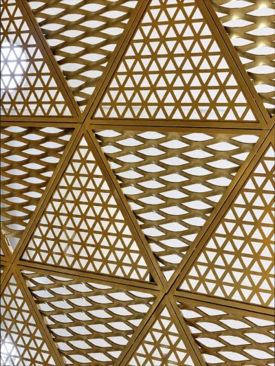 Expanded metal mesh in brass finish with triangular frames, detail — Expanded Metal Mesh · Perforated & Mesh