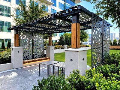 Illustration: metal trellis and pergola with laser-cut panels
