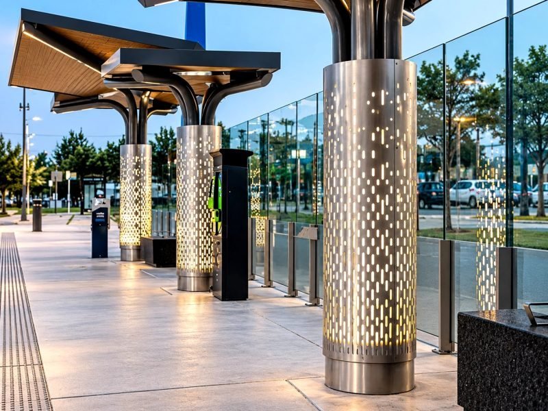 Back-lit perforated stainless steel column cladding under a transit canopy