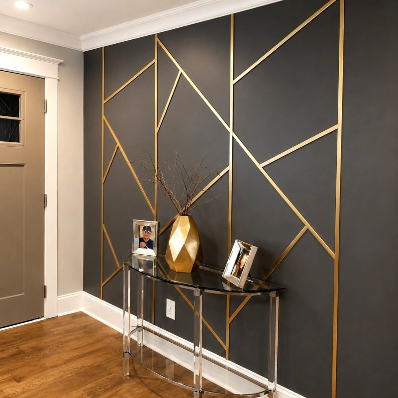 Entrance wall with gold metal inlay strips forming a geometric pattern