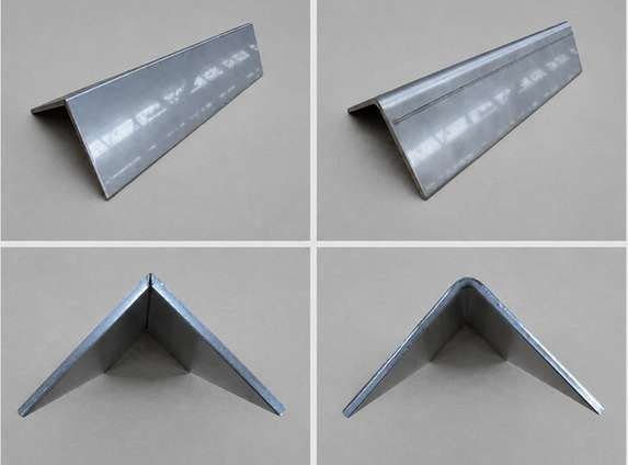 The same stainless steel angle folded two ways: sharp-edge bending after CNC V-grooving on the left, typical press-brake bending with a rounded corner on the right