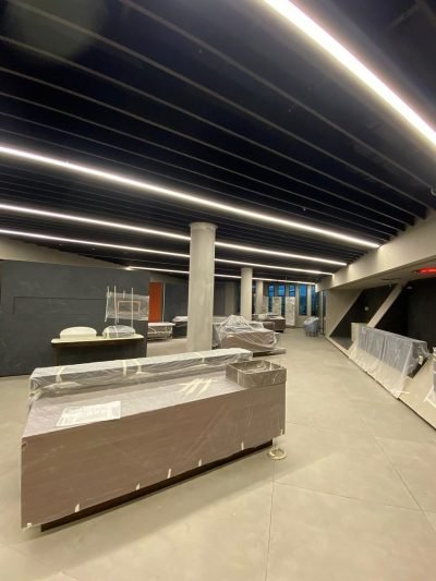 A baffle ceiling being installed on site — Metal Baffle Ceiling · Metal Ceilings