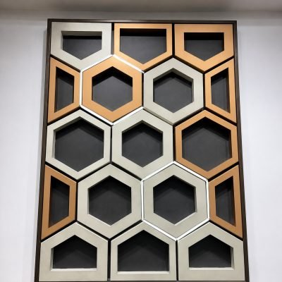 A hexagon cell panel in copper and white — Honeycomb Ceiling Systems · Metal Ceilings