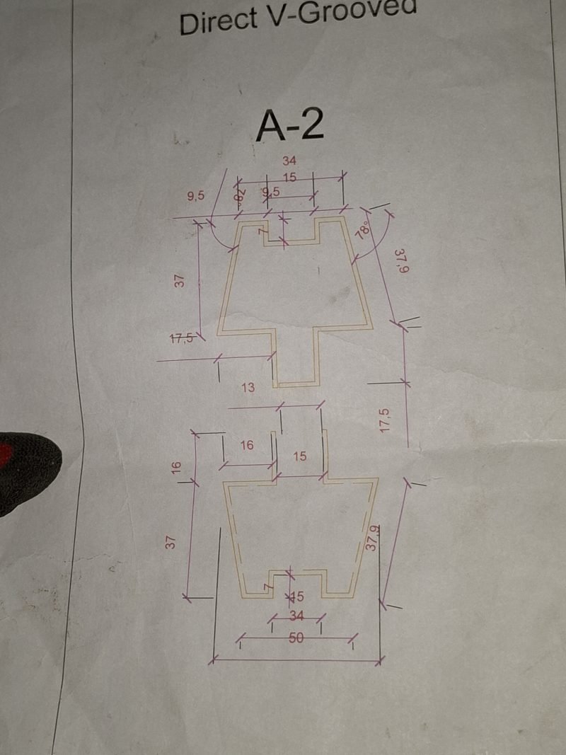 Drawing: a section marked up for direct V-grooving, every leg dimensioned