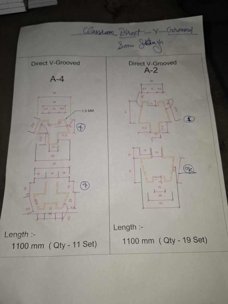 Drawing: a sheet of V-grooved sections with lengths and quantities