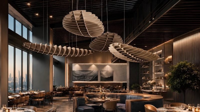 Restaurant with suspended parametric metal fin ceiling features