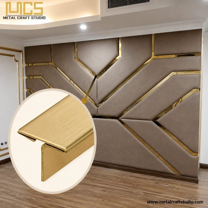 Padded feature wall with gold T-profile highlighter trims and a close-up of the trim section